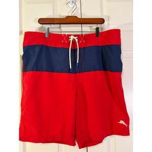 Tommy Bahama Red Blue Tie Front Elastic Waist Swim Shorts Mens XL